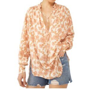 Free People Women's Sz S Mia Floral Print Boho Blouse Top 100% Viscose Peach